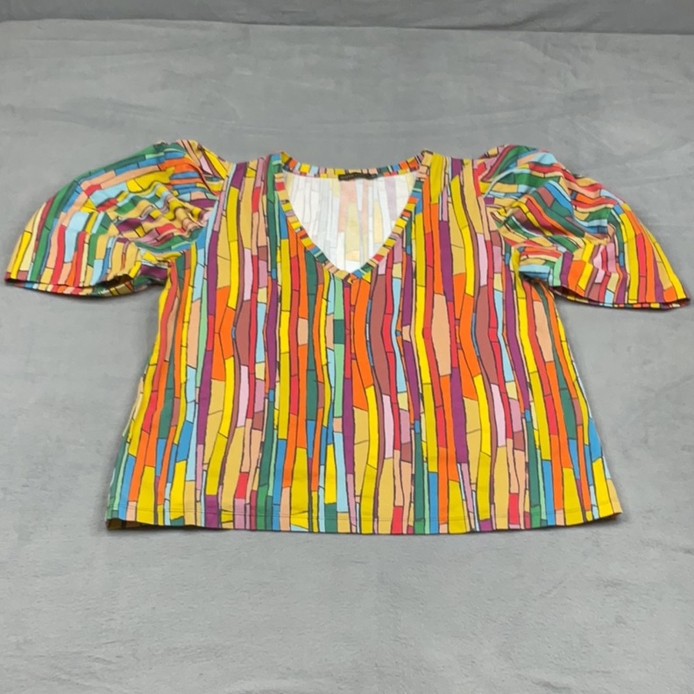 HOTTIE+LORD of Beverly Hills Puff Sleeve V-Neck Blouse – Retro Stripe Top, XL